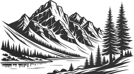 Majestic mountain range with pine trees and serene lake peak snow