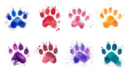 Colorful watercolor paw prints in vibrant hues for pet themed designs