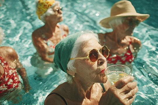 A group of women in their 70s take part in a water aerobics class in a pool. The woman in the front wears a green bathing cap and round gold sunglasses and looks up while drinking a cocktail