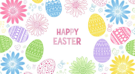 Easter Celebration Artwork: Pastel Eggs and Flowers in a Cheerful Holiday Doodle Design.