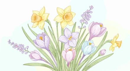 Obraz premium Springtime floral watercolor painting featuring daffodils, crocus, and hyacinth flowers evoking the beauty of the season.