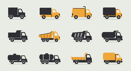 Twelve truck illustrations in a grid, featuring various types of vehicles including dump trucks, tankers, and flatbeds, in black and yellow color schemes.