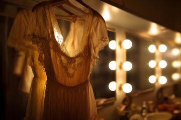 Delicate vintage dresses hang in a retro Hollywood dressing room, bathed in warm golden light. A mirror with a soft, round light bulb is nearby