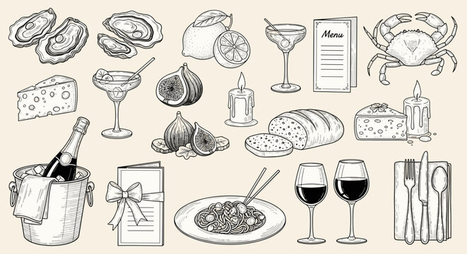 Elegant engraved illustration showcasing fine dining elements, including seafood, cheese, drinks, and elegant presentation.