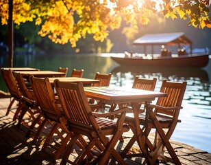 Lakeside cafe tables under autumn trees