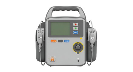 Obraz premium Detailed View of a Grey and White Automated External Defibrillator on Transparent Background Medical Emergency Device for Cardiac Support and Rescue Operations with Buttons and a Small Screen