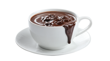 a cup of chocolate sauce on a saucer
