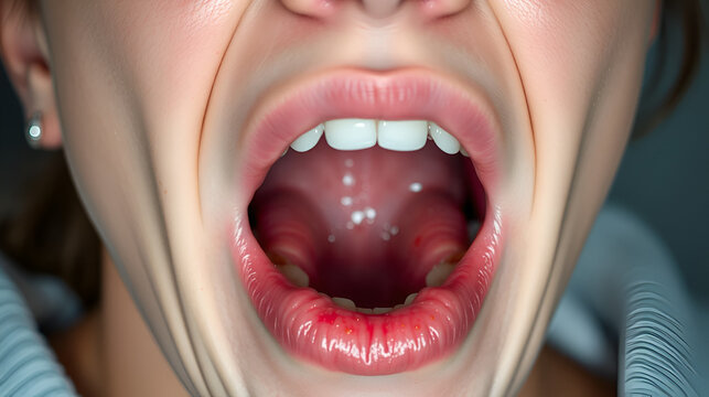 Uvulitis and sore throat in the oral cavity due to illness. Inflammation of the uvula and tonsils due to infections during illness, close-up, streptococcus. Allergy