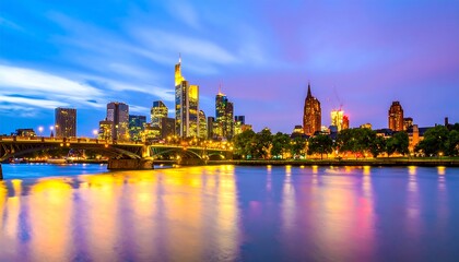 Obraz premium City skyline at twilight, illuminated buildings reflected in water