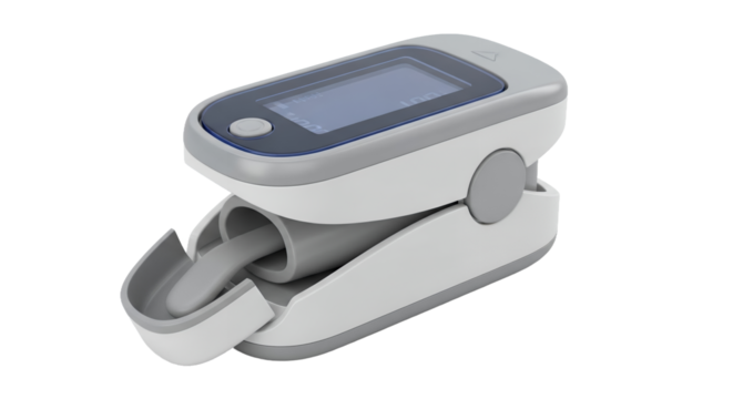 Digital Fingertip Pulse Oximeter in White and Gray for Health Monitoring with Transparent Background Isolated
