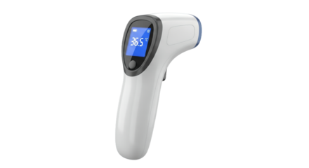 Digital Non Contact Infrared Thermometer Showing Temperature in White and Blue on Transparent Background for Hygienic and Accurate Measurement