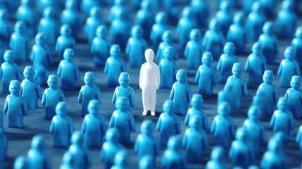 Obraz premium A white figurine stands out among many blue figurines arranged in rows on a blue surface, symbolizing individuality and uniqueness