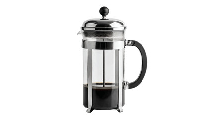 a glass coffee maker with a black handle