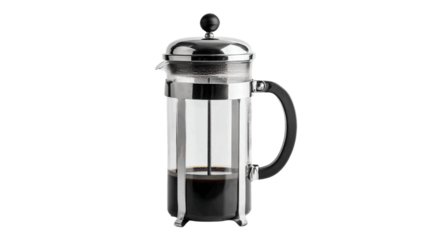 a glass coffee maker with a black handle