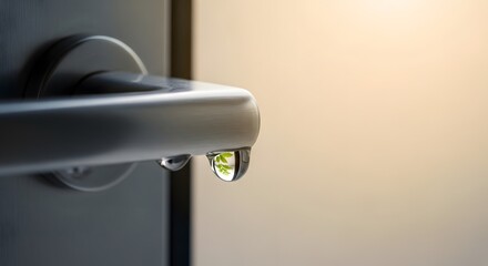 Close up view of a door handle with water drops reflecting a vibrant green tree. The handle is metallic gray against a blurred bright background.
