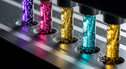 Close-up of metallic nozzles dispensing streams of vibrant colorful liquid onto a reflective surface illuminated with bokeh effect in black background.