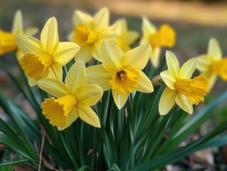 Naklejka premium Close-up of vibrant yellow daffodil flowers in full bloom with green leaves and blurred natural background