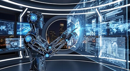 Futuristic AI Robot Interacting with Holographic Data in Modern Control Room
