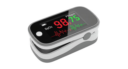 Digital Pulse Oximeter with Heart Rate and Oxygen Saturation Indicators on White Background for Health Monitoring and Vital Signs Measurement