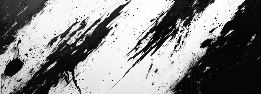 Abstract black ink splatters and brush strokes on a white background creating dynamic contrast and chaotic movement
