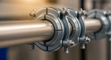 Fototapeta premium Close-up view of a metallic pipe with industrial pipe clamps, warm light and blurred background, perfect for engineering concepts and industrial design.