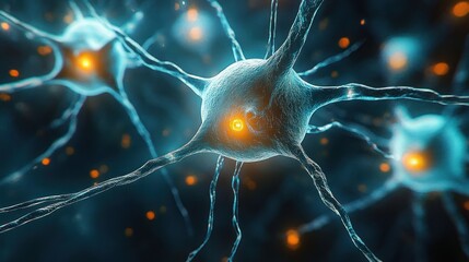 Close-up view of glowing neurons interconnected by dendrites in a dark blue neural network environment conveying complexity and connectivity