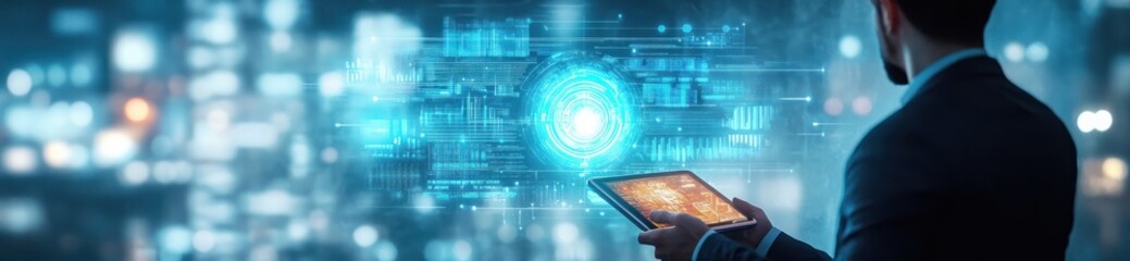 Man holding tablet with glowing futuristic digital interface and holographic technology elements in dark blurred background