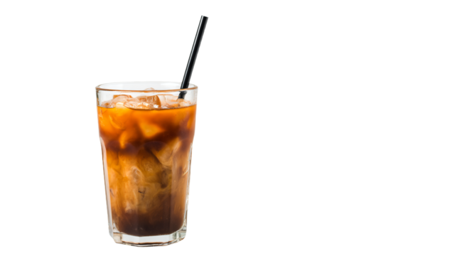 a glass of iced coffee with a straw and a black straw