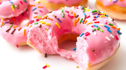 Pink frosted donut with colorful sprinkles with bite missing