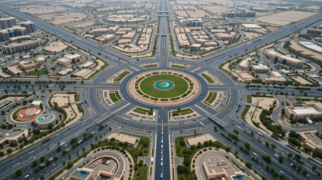 Large roundabout at Dubai Silicon Oasis in Dubai emirate suburbs at United Arab Emirates aerial view
