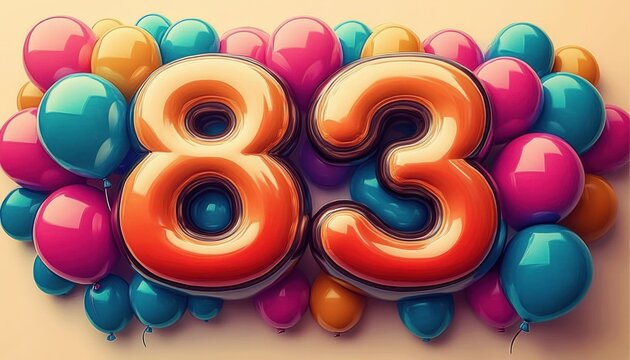 Shiny orange balloon numbers 8 and 3 surrounded by colorful glossy balloons in pink, blue, and orange hues on light background