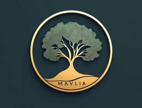 elegant gold tree logo with detailed branches and roots inside a circular frame on dark background conveying growth and stability - Powered by Adobe