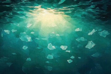 Fototapeta premium Sunlight filtering through water illuminating scattered ice chunks in a serene aquatic environment