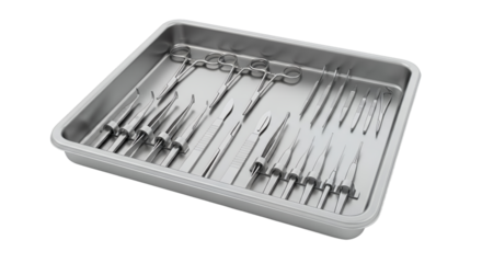 Elevated Surgical Instrument Tray Filled with Gleaming Silver Metallic Tools on a Stark White Background for Clean Medical Precision and Healthcare Equipment Presentation