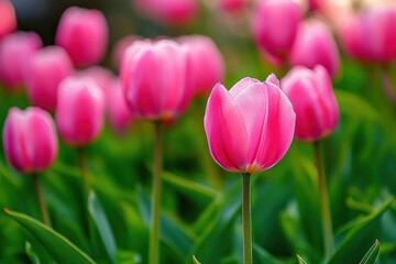 Fototapeta premium Close-up of vibrant pink tulip blooming among a field of soft-focused pink tulips with lush green leaves in natural sunlight conveying freshness and serenity