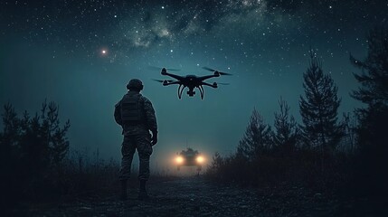 Silhouetted soldier stands on a forest path at night observing a hovering drone with a vehicle shining headlights in the distance under a starry sky