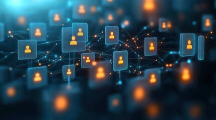 Digital network of interconnected user icons glowing in orange with blue translucent data panels depicting social connectivity