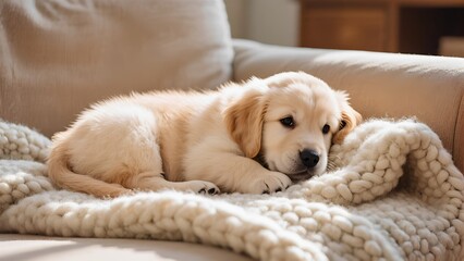 Golden Retriever Puppy Resting on Cozy Knitted Blanket Indoors