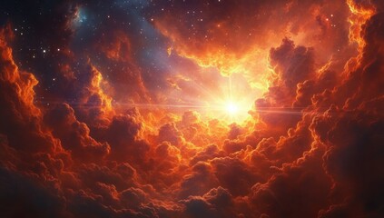 Fiery orange clouds illuminated by a bright sunburst with a starry sky backdrop evoking a dramatic and awe-inspiring cosmic atmosphere
