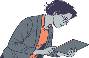 Woman wearing glasses and a blazer looking at a tablet reading