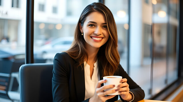 Portrait of smiling young businesswoman with cup of coffee sitting at the window - Powered by Adobe