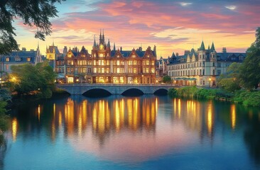 Naklejka premium Historic European buildings illuminated at sunset alongside a calm river with reflections of warm lights and a dramatic colorful sky