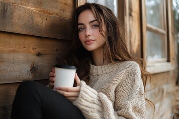 young woman with long brown hair wearing a cozy knitted beige sweater sitting against a wooden wall holding a paper coffee cup and looking thoughtfully at the camera