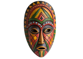 Vibrant tribal mask with intricate patterns and bold colors isolated on a transparent background african