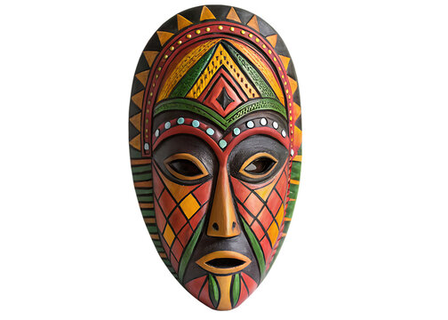 Vibrant tribal mask with intricate patterns and bold colors isolated on a transparent background african