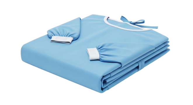 Folded Light Blue Surgical Gown with White Trim on Transparent Background for Medical Healthcare and Cleanliness Concept