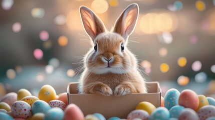 Adorable fluffy brown rabbit sitting inside a small cardboard box surrounded by colorful speckled Easter eggs with soft glowing bokeh lights in the background