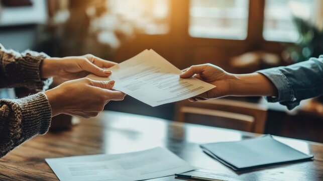 Two people exchanging and reviewing important documents over a wooden table in a warm, sunlit office setting