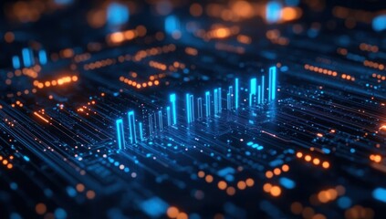 Futuristic digital circuit board with glowing blue and orange data visualization bars representing technology and information flow