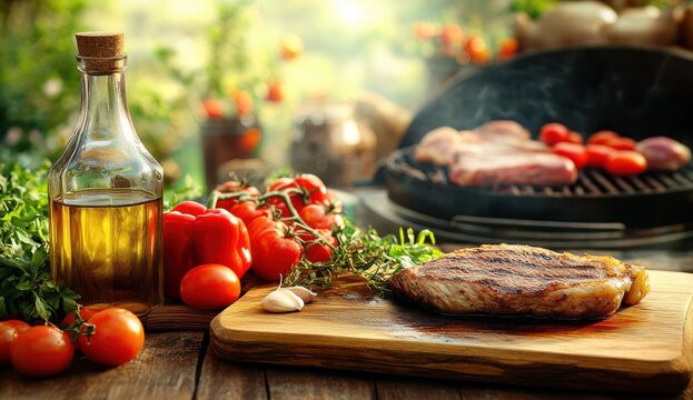 Grilled steak resting on a wooden cutting board surrounded by fresh tomatoes, red bell peppers, herbs, garlic, and a bottle of olive oil with a smoky barbecue grilling in the background